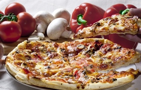 Pizza is an oven-baked, flat, disc-shaped bread typically topped with a tomato sauce, cheese and various toppings.