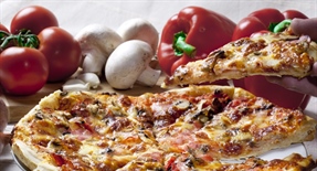 Pizza is an oven-baked, flat, disc-shaped bread typically topped with a tomato sauce, cheese and various toppings.